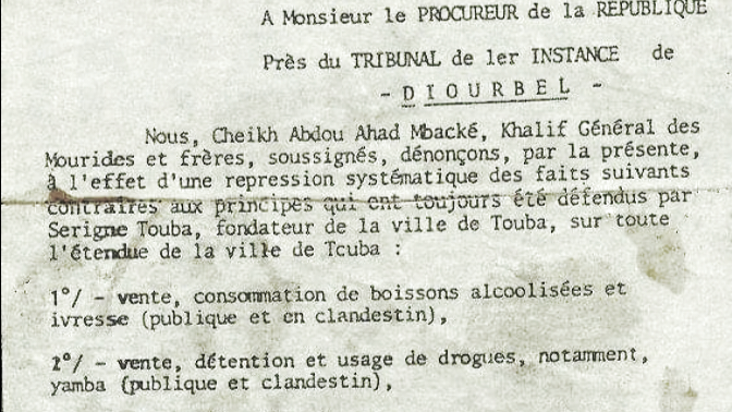 La lettre de S. Abdoul Ahad Mbacke adressé au procureur de Diourbel le 18 septembre 1980